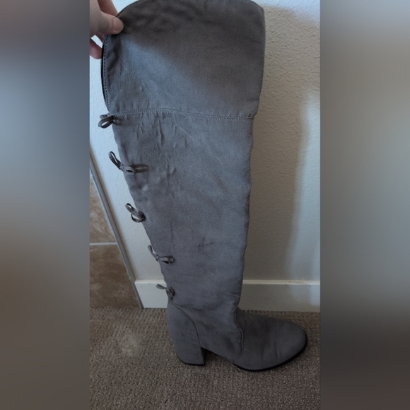 Charming Charlie Tall Bow Back Detail Grey Suede Heeled Boots - Picture 3 of 12